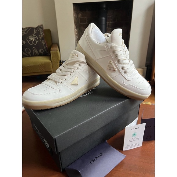 Prada Shoes - Prada Women’s Cream Leather Low-Top Sneakers with Gold Logo